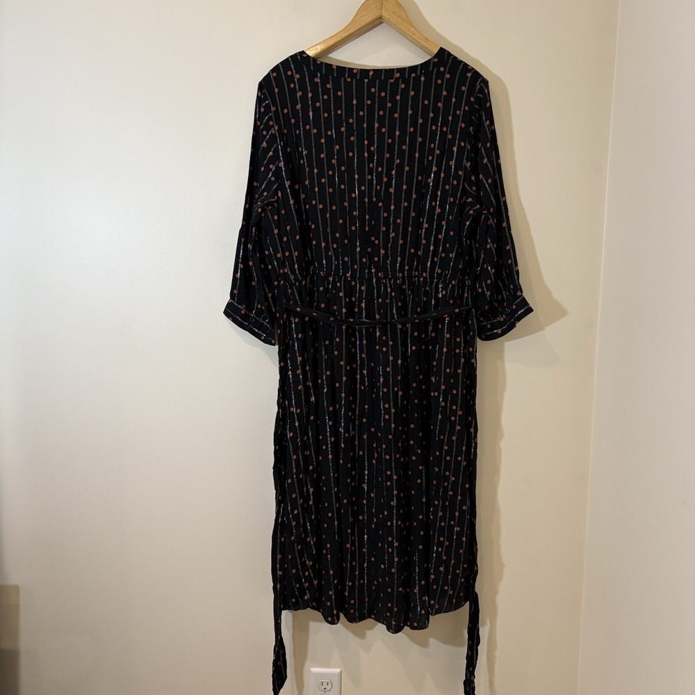 Lane Bryant Womens Midi Dress Black Polka Dot Metallic Stripe Tie Whimsigoth - Picture 6 of 11